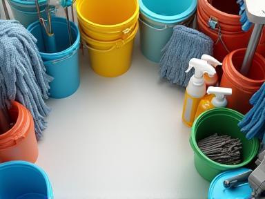 Assortment of janitorial cleaning supplies neatly arranged.